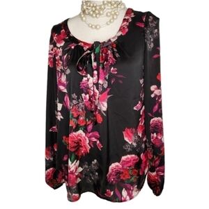 KIRNA ZABETE Blouse Sz: M Black Pink Floral Satin Long Sleeves Neck Tie